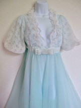 Vintage Radcliffe Negligee Robe XS P Ivory Lace Blue Double Chiffon Flowing Back - £48.21 GBP