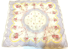 Vintage Floral and Ribbons Victorian Style Womens Handkerchief 13 in Square - £10.84 GBP