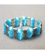 Aqua Blue Cat&#39;s Eye Glass Beads Stretch Bracelet with Mosaic Silver-tone... - £11.68 GBP