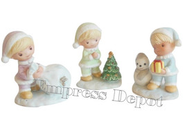 Vintage HOMCO Bisque Trio Set Christmas Figurine Boy Elves Children 5013 - £13.66 GBP