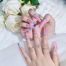 Geometric Long Press on Nails Blue Coffin Fake Nails Matte Ballerina Art... - £11.56 GBP