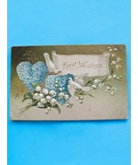 Vintage Postcard Best Wishes Blue Heart Flowers Doves Embossed 1908 Sher... - $125.16 MXN