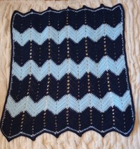 Blue Crochet Granny Chevron Blanket Throw Kids 45x38✨ - £17.50 GBP