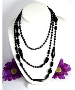 BLACK GLASS BEADED Vintage NECKLACE Faceted FLAPPER Beads Rope Length 62&quot; - $27.71