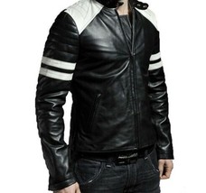 Men Black &amp; White Biker Jacket, Men&#39;s Leather Biker Jacket - £127.51 GBP