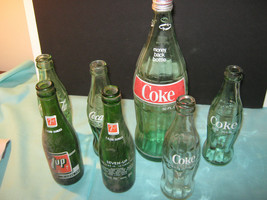 Coca-Cola Lot of 4 Green Plus One Liter Clear and Two 7 Up Bottles Mid Century - £25.90 GBP