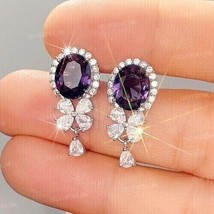1.50Ct Oval Cut Simulated Amethyst Halo Drop Earring 925 Sterling Silver - £110.76 GBP