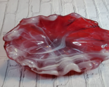 Recycled Art Glass Bowl Blood Red White Swirl Wavy Scallop Candy Fruit Dish - $39.55