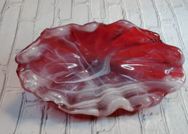 Recycled Art Glass Bowl Blood Red White Swirl Wavy Scallop Candy Fruit Dish - £30.92 GBP