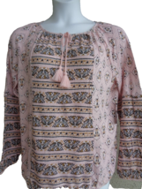 New Directions 2X Cotton Blend L/S Tie Scoop Neck Printed Cinched Bottom Top  - £11.84 GBP