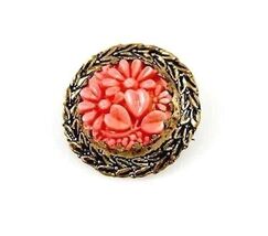Antique Brooch Carved Coral Celluloid Round In Brass Setting - $23.76