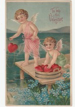 Vintage Postcard Valentine Angels Fish With Red Hearts Embossed Germany - £7.09 GBP