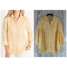 Chicos No Iron Linen Button Up Top Size 3 or 16 18 Yellow Maize Print 3/4 Sleeve - $29.67