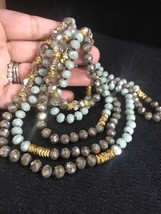 long necklace facted beads gold tone green and silver individually knotted 64” - $39.00