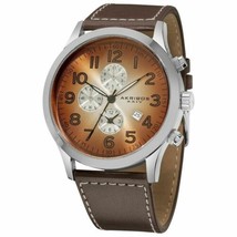 NEW Akribos XXIV AK603BR Men&#39;s Radiant Dial Brown Stitched Leather Silver Watch - £52.98 GBP