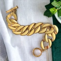 Flat Chainlink Bracelet Gold Tone Enameled Ivory Classic Cream Chunky Statement  - $14.83