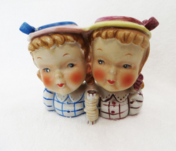 Vintage Napco Twin Girl Double Lady Head Vase, Plaid Outfits, No Umbrella  - $35.00