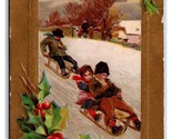 Christmas Greetings Children Sledding Holly Gilt Embossed DB Postcard O18 - $3.91