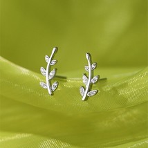 Fashion 925 Sterling Silver Leaf Stud Earrings Shiny Zircon Personality Simple S - £10.46 GBP