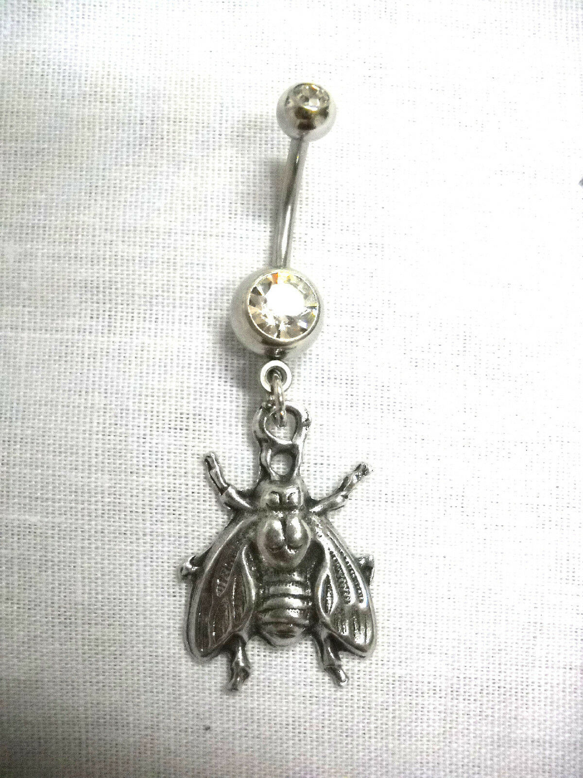 Primary image for NEW THE FLY INSECT USA PEWTER PENDANT ON CLEAR CZ BELLY BAR NAVEL RING HELP ME
