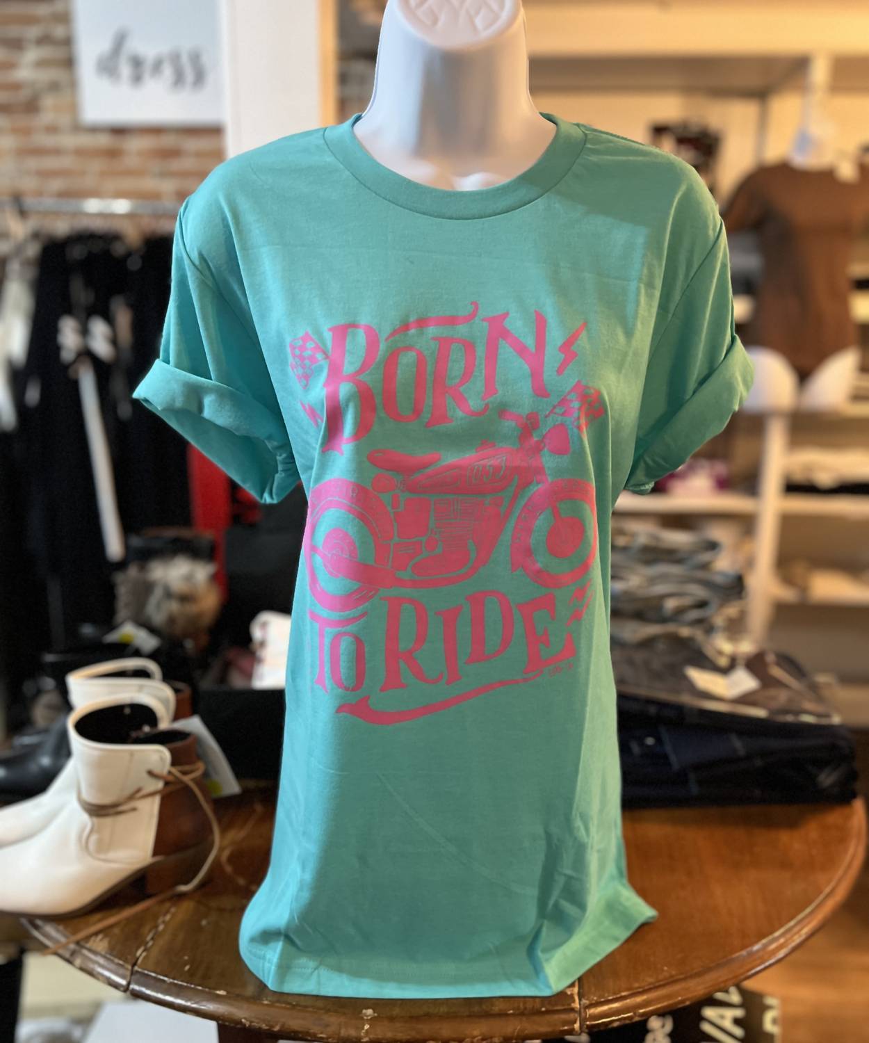 Bella + Canvas women's born to ride t-shirt in Turquoise - size L