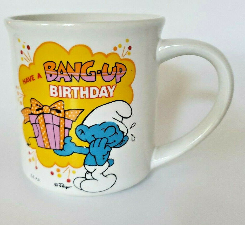 Smurfs Coffee Cup Mug Have a Bang up Birthday 1982 Berrie & Co. Vintage Cartoon - £15.12 GBP