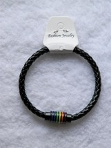 NEW Black Vegan PU Leather Bracelet Rainbow LGBTQ+ Gay Pride - £8.75 GBP