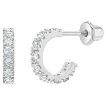 14K White Gold Plated Cubic Zirconia Half Hoop Screw Back Stud Earrings Women&#39;s - £21.69 GBP