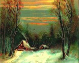 Christmas Greetings Sunset Snow Cabin Brook Embossed Gilt 1911 Postcard - £6.38 GBP