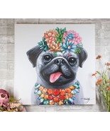 Colorful Hawaiian Pug Puppy With Flowers Canvas Wooden Picture Frame 20&quot;... - $858.10 MXN