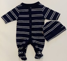 NEW Infant Baby Boy Sleep &#39;n Play Jumpsuit w/ Hat Set Blue Stripes Preemie - $9.47