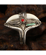 Chinese Pure Silver Inlay Turquoise & Coral Men's Ring Adjustable Size - $259.00
