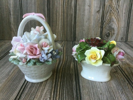 2 Vintage Hand Painted Porcelain Rose Flower Basket - few broken leaves AYNSLEY  - £16.85 GBP