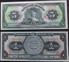 Banco de Mexico Uncirculated Notes:1 Peso Calendario Azteca &amp; 5 Peso Gypsy Woman - £7.92 GBP