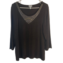Chicos 1 Travelers Embellished Top Womens M 8 Scoop Neck Slinky Stretch Long Slv - £14.22 GBP