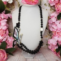 Vintage Mother of Pearl Mosaic Butterfly Black Lucite Beaded Statement N... - $24.95