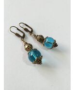 Victorian Blue Glass Earrings: Bronze Filigree Boho Dangle Earrings - $47.88 CAD