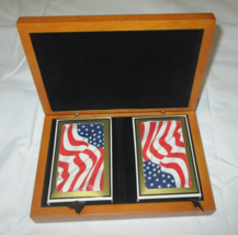 Vintage Gemaco Bridge Playing Card W/American Flag Design Set 2 W/Wood Case - £13.37 GBP