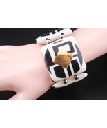 Vintage Signed Nhim Ceramic Cuff Bracelet, Black and White Geometric Des... - $56.00