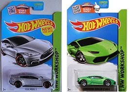 2015 Hot Wheels Tesla Model S &amp; Green Lamborghini Huracan 2-car set by Hot Wheel - £33.67 GBP