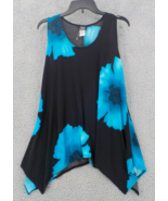 JOSTAR SLEEVELESS TUNIC TANK TOP SZ L BLACK BLUE HIBISCUS POINT HEM SPAN... - $29.99