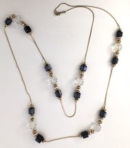 Vintage Beaded Necklace Faux Hematite Clear Plastic &amp; Gold Tone 36&quot; - $14.00