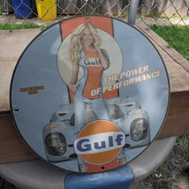 Vintage 1949 Gulf &#39;&#39;The Power Of Performance&#39;&#39; Porcelain Gas &amp; Oil Pump Sign - £98.32 GBP