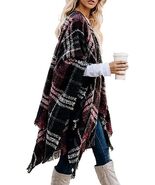 Women's Boho Open Poncho Knitted Plaid Shawl Wrap Cape Tassel Cardigan S... - $38.99