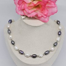 Gray White Natural Baroque Pearl &amp; Crystal Beaded Choker Necklace 19&quot; - £22.36 GBP