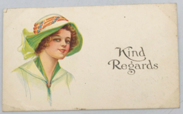 1921 Pretty Lady in Green Hat &amp; Dress Fashion Glamour Kind Regards Postcard - £6.42 GBP