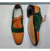 Handmade Green Suede Leather Lace Up Formal Orange Patina Semi Brogue Shoes - $149.99