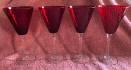 RED Cup WATER GOBLETS Clear Stem Ruby Wine Glass Set Of 4 Inside Ridged ... - £33.80 GBP