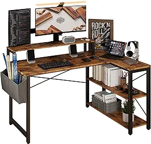 L Shaped Desk With Charging Station And Storage Shelves, 47 Inch Corner ... - $203.99