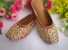 Women Punjabi Leather Half Mules open back Pearls US Size 6-10 DLY Red Gold - £26.57 GBP